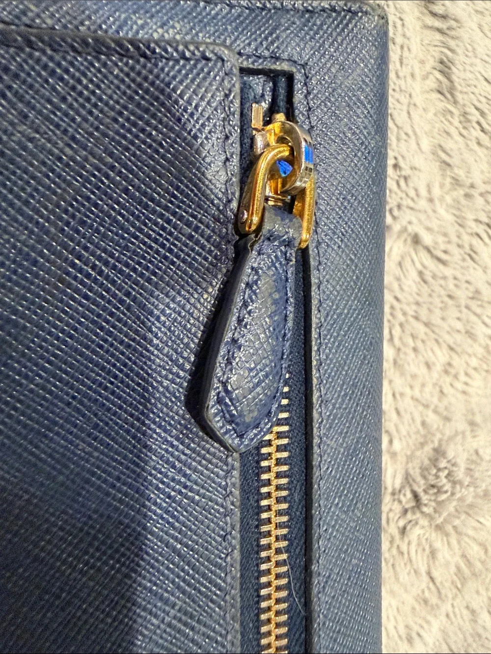 Prada Dark Blue Saffiano Leather Flap Wallet with Gold Logo